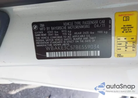 2011 BMW 328I from USA, damaged, VIN WBAKE3C57BE559034